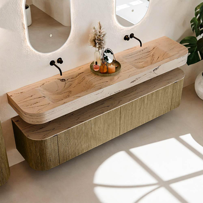 MONDIAZ THOR-DLUX 200cm badmeubel ronding links + rechts kleur Dusk met 2 lades en 2 deuren. Vrijhangende wastafel CLOUD Dubbel zonder kraangat kleur Arena.