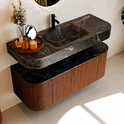 MONDIAZ THOR-DLUX Meuble de salle de bains - 120cm - arrondi gauche + droite - couleur Ruby - 1 tiroir - 2 portes - Vasque suspendue CLOUD Milieu 1 trou de robinet - couleur Lava