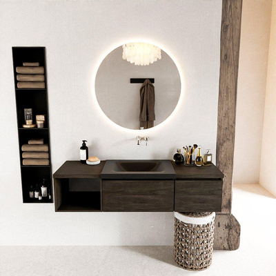 MONDIAZ BUKLA 140cm ensemble de meuble avec module ouvert 40 gauche couleur Marron Foncé avec 2 tiroirs. Lavabo CLOUD droit 0 trou de robinet couleur Urban.