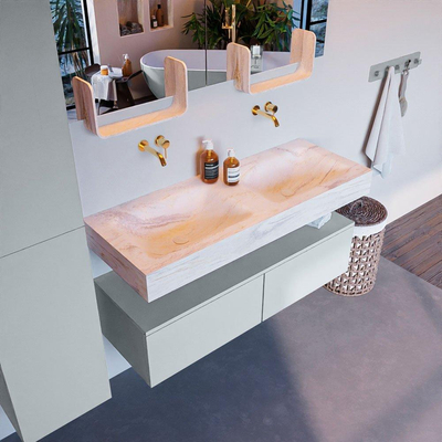 Mondiaz ALAN-DLUX Ensemble de meuble - 120cm - meuble - Clay mat - 2 tiroirs - Lavabo Cloud Ostra suspendu - vasque gauche et droite - 0 trous de robinet - Beige