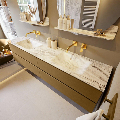 MONDIAZ VICA-DLUX Ensemble meuble de salle de bains - 200cm - meuble bas oro - 4 tiroirs - lavabo encastré cloud double - sans trous de robinet - version haute 60cm - glace