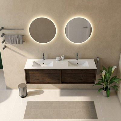 Saniclass Holz Frame Ensemble meuble de salle de bains - 160x45x42cm - Vasque en céramique Vygo blanche - 2 vasques - 2 trous de robinetterie - 2 tiroirs - chêne charcoal mat (bois)