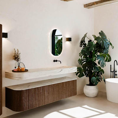 MONDIAZ THOR-DLUX 180cm meuble de salle de bains arrondi gauche + droite couleur Walnut avec 2 tiroirs et 2 portes. Vasque suspendue CLOUD Droite sans trou de robinet couleur Nata.