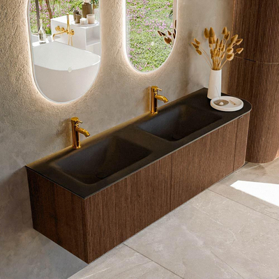 MONDIAZ KURVE 155cm meuble de salle de bains avec module 25 R couleur Walnut avec 2 tiroirs et 1 porte. Lavabo CLOUD double / gauche 2 trous de robinet Urban.