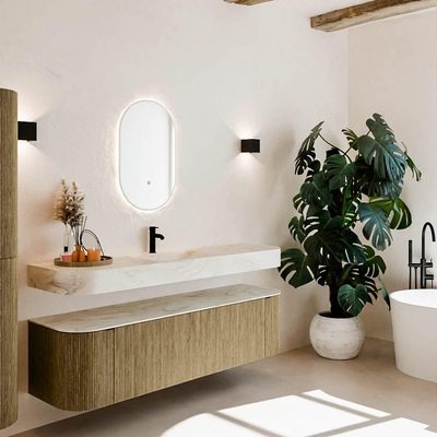 MONDIAZ THOR-DLUX 170cm meuble de salle de bains arrondi gauche + droite couleur Dusk avec 1 tiroir et 2 portes. Vasque suspendue CLOUD Milieu 1 trou de robinet couleur Ostra.