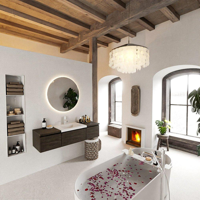 MONDIAZ BUKLA meuble de salle de bain 140 cm avec module 40 couleur Marron Foncé avec 3 tiroirs. Lavabo CLOUD centre 1 trou de robinet couleur Talc.