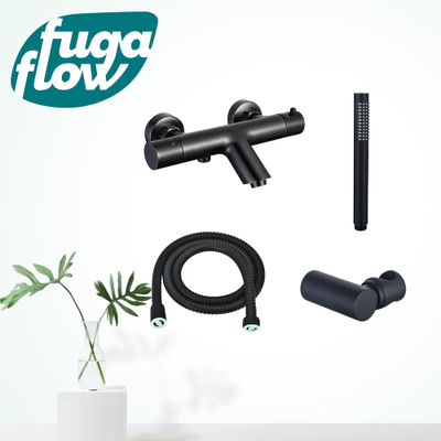 FugaFlow Eccelente Sobrado Badkamer Thermostatische badkraan met staafhanddouche, handdouchehouder en metalen doucheslang mat zwart