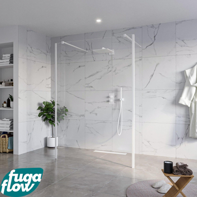 FugaFlow Eccelente Vetro Douche à l'italienne - 140x200cm - verre clair - anticalcaire - verre de sécurité 8mm - 2 parois latérales 30cm - avec bras muraux et profilés d'angle - Blanc mat