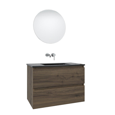 Saniclass Chaci Meuble de salle de bain - 80x46x55cm - lavabo en céramique noir - 1 vasque - sans trou de robinet - 2 tiroirs - ronde miroir avec éclairage - noyer (hout)