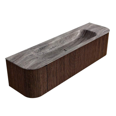 MONDIAZ KURVE-DLUX 170cm badmeubel ronding Links + Rechts kleur Walnut met 1 lade en 2 deuren. Wastafel BIG LARGE Midden zonder kraangat Oza.