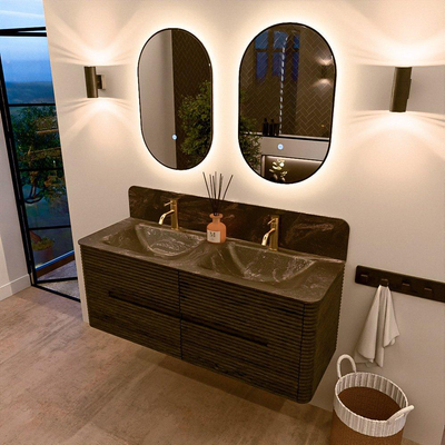 Mondiaz CIRO-DLUX Meuble de salle de bains - 130x45x50cm - Lavabo solid surface Lava - 2 vasques Double - 2 trous de robinet - 4 tiroirs - Shadow