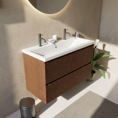 Saniclass Holz Atelier Ensemble de meubles de salle de bains - 100x45x63.5cm - Bari lavabo en céramique blanc - 1 vasque - 2 trous de robinetterie - 2 tiroirs - noyer pure mat (bois)