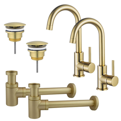 Fortifura Calvi Kit robinet lavabo - pour double vasque - robinet haut - bec rotatif - bonde non-obturable - siphon design bas - Laiton brossé PVD