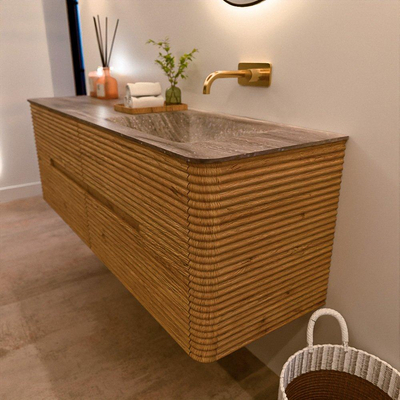 Mondiaz CIRO-DLUX Badkamermeubelset - 150x45x50cm - Solid surface wastafel Oza - 1 wasbak Rechts - zonder kraangaten - 4 lades - Oak