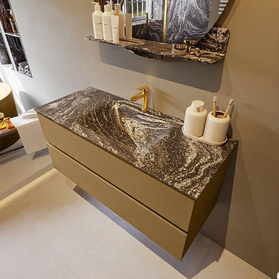 Mondiaz VICA-DLUX Ensemble de meuble de salle de bain - 110cm - meuble sous-vasque oro - 2 tiroirs - lavabo encastrée cloud milieu - 1 trou de robinet - version haute 60cm - lave