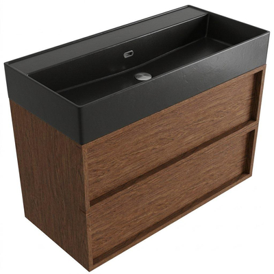 Saniclass Holz Frame Ensemble meuble de salle de bains - 100x45x72cm - Legend lavabo en céramique noir mat - 1 vasque - 2 trous de robinetterie - 2 tiroirs - walnut pure mat (bois)