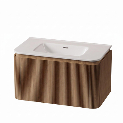 Royal Plaza Terra Edge Badkamermeubelset - 80x45.5x46cm - keramische wastafel wit glans - 1 wasbak - zonder kraangaten - 2 lades - sandwood (licht eiken)