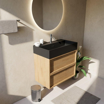 Saniclass Holz Frame Ensemble de meubles de salle de bains - 80x45x72cm - vasque Legend en céramique noir mat - 1 vasque - 1 trou de robinet - 2 tiroirs - chêne naturel mat (bois)