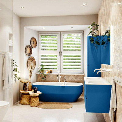 Mondiaz VICA ensemble de meuble de salle de bain - 120cm - meuble sous-vasque jeans - 4 tiroirs - lavabo moon double - sans trous de robinet - couleur talc - miroir LED - version XL 60cm de haut