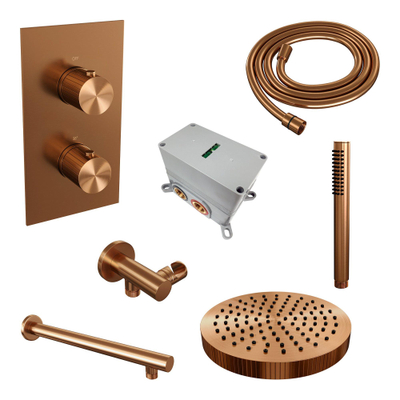 BRAUER Stripe Thermostatische Inbouw Regendouche - 3-weg - rechthoekig - SET 13 - 25cm douchekop - rechte muurarm - staaf handdouche - doucheslang - wandaansluitbocht - koper geborsteld PVD