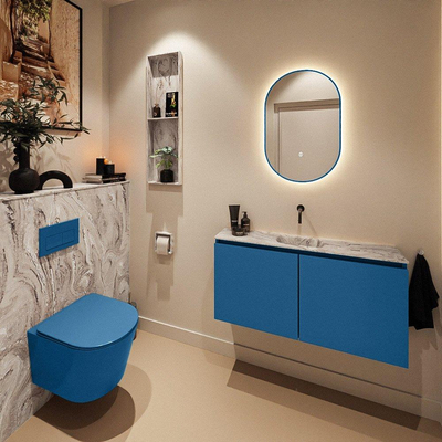MONDIAZ TURE-DLUX Meuble toilette - 100cm - Jeans - EDEN - vasque Glace - position centrale - sans trou de robinet