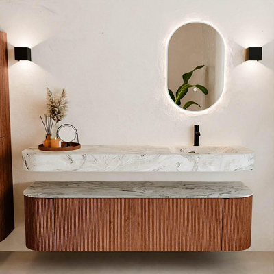 MONDIAZ THOR-DLUX Meuble de salle de bains 170cm arrondi gauche + droite couleur Ruby avec 1 tiroir et 2 portes. Vasque suspendue CLOUD Droite 1 trou de robinet couleur Glace.