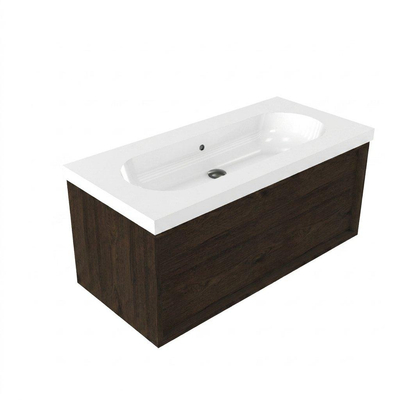 Saniclass Holz Frame Ensemble meuble de salle de bains - 100x45x43.5cm - lavabo en céramique Palermo blanc - 1 vasque - sans trou de robinet - 1 tiroir - chêne charcoal mat (bois)