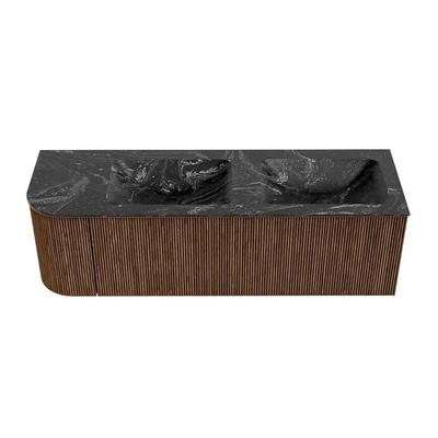 MONDIAZ KURVE-DLUX 145cm Meuble salle de bain avec module 25 G - couleur Walnut - 1 tiroir - 1 porte - vasque LEAF double / droite - sans trou de robinet - couleur Lava