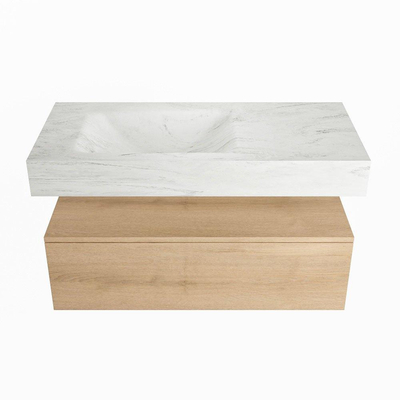Mondiaz ALAN-DLUX Ensemble de meuble - 100cm - meuble Washed Oak mat - 1 tiroir - Lavabo Cloud Opalo suspendu - vasque Gauche - 0 trous de robinet