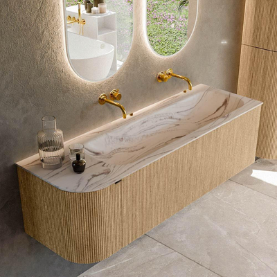 MONDIAZ KURVE-DLUX 145cm badmeubel ronding Links kleur Oak met 1 lade en 1 deur. Wastafel BIG LARGE Rechts zonder kraangat Nata.
