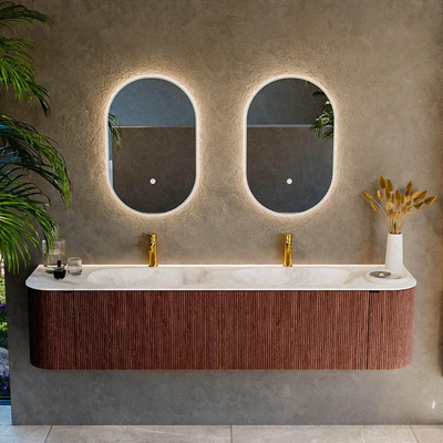 Mondiaz KURVE-DLUX Badkamermeubelset - 190x46x40cm - 2 lade - 2 deuren - wastafel solid surface - dubbel - 2 kraangaten - Ruby