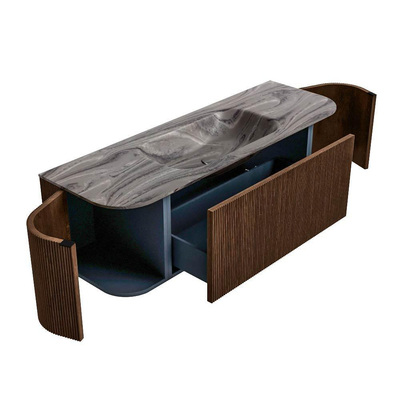 MONDIAZ KURVE-DLUX 140cm badmeubel ronding Links + Rechts kleur Walnut met 1 lade en 2 deuren. Wastafel BIG SMALL Midden 1 kraangat Sombra.