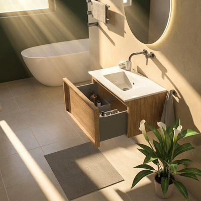 Saniclass Holz Frame Ensemble de meubles de salle de bains - 80x45x42cm - Lavabo Vygo en céramique blanc - 1 vasque - sans trou de robinetterie - 1 tiroir - chêne naturel mat (bois)