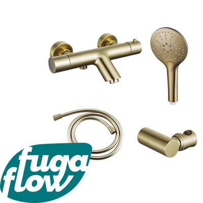 FugaFlow Eccelente Sobrado Badkamer Thermostatische badkraan met ronde handdouche, handdouchehouder en gladde doucheslang Geborsteld Messing PVD
