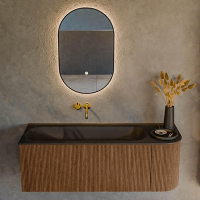 MONDIAZ KURVE 125cm Meuble salle de bain avec module 25 D - couleur Walnut - 1 tiroir - 1 porte - vasque BIG MEDIUM gauche - sans trous de robinet - Urban