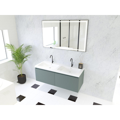 HR Matrix ensemble de meubles de salle de bain 3d 120cm 2 tiroirs sans poignée avec bandeau de poignée en couleur petrol matt avec lavabo djazz double 2 robinets blanc