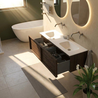 Saniclass Holz Frame Ensemble de meubles de salle de bains - 140x45x41.5cm - lavabo Flow en solid surface blanc - 2 vasques - sans trous de robinetterie - 2 tiroirs - chêne charcoal mat (bois)