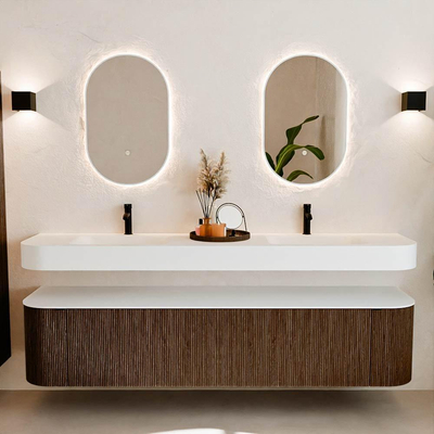 MONDIAZ THOR 200cm meuble de salle de bains arrondi gauche + droite couleur Walnut avec 2 tiroirs et 2 portes. Vasque suspendue CLOUD Double 2 trous de robinet couleur Talc.