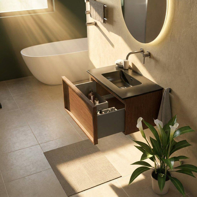 Saniclass Holz Frame Ensemble meuble de salle de bains - 80x45x42cm - Vygo lavabo en céramique noir - 1 vasque - sans trou de robinet - 1 tiroir - noyer pure mat (bois)