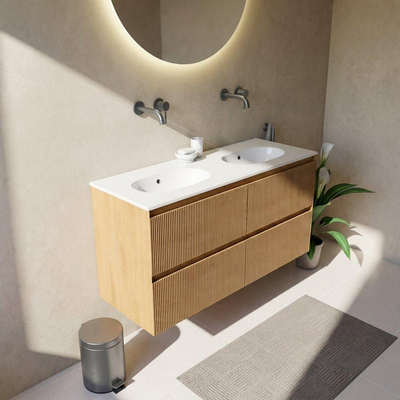 Saniclass Holz Atelier Ensemble meuble de salle de bains - 120x45x74cm - lavabo Chaci en céramique blanc - 2 vasques - sans trous de robinetterie - 2 tiroirs - chêne natural mat (bois)