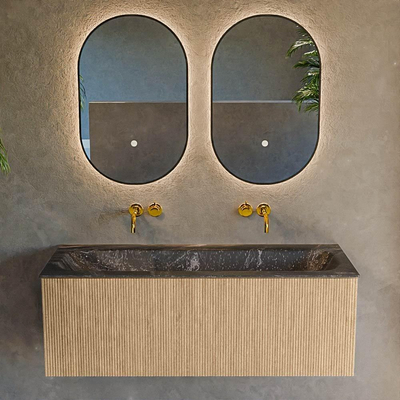 MONDIAZ KURVE-DLUX 120cm badmeubel kleur Oak met 1 lade. Wastafel BIG LARGE midden zonder kraangat kleur Lava.