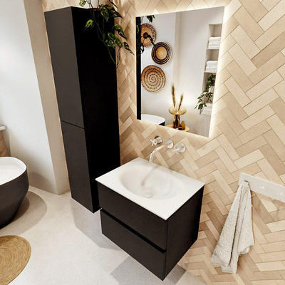 MONDIAZ VICA meuble sous lavabo 60cm Urban 2 tiroirs. Lavabo MOON central sans trou de robinet, couleur Talc.