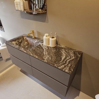 Mondiaz VICA-DLUX ensemble de meuble de salle de bain - 120cm - meuble sous-vasque fumée - 4 tiroirs - lavabo encastré nuage gauche - 1 trou de robinet - version haute 60cm - lave