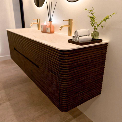 Mondiaz CIRO-DLUX Badkamermeubelset - 170x45x50cm - Solid surface wastafel Meli - 2 wasbak Dubbel - 2 kraangaten - 4 lades - Walnut
