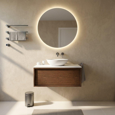 Saniclass Holz Frame Ensemble meuble de salle de bains - 100x45x42.5cm - plan de toilette Torino en solid surface blanc - sans trou de robinet - 1 tiroir - walnut pure mat (bois)