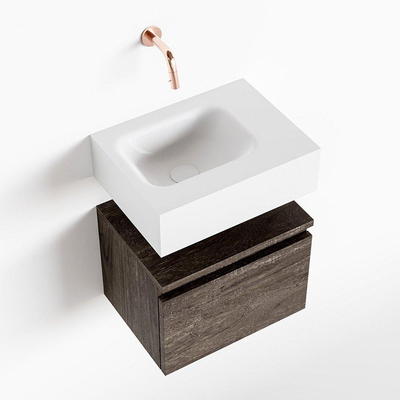 MONDIAZ ANDOR Meuble WC - 40x30x30cm - 0 trous de robinet - 1 tiroirs - brun foncé mat - vasque à gauche - Solid surface - Blanc