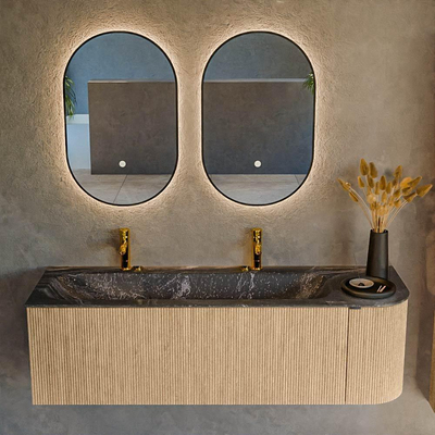 MONDIAZ KURVE-DLUX 145cm badmeubel met module 25 R kleur Oak met 1 lade en 1 deur. Wastafel BIG LARGE links 2 kraangaten kleur Lava.