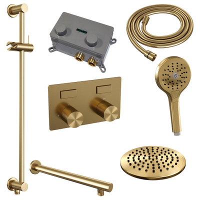 BRAUER Gold Carving Douche de tête thermostatique encastrée - boutons-poussoirs - SET 67 - douche de tête 20 cm - bras mural droit - douchette à main 3 jets - flexible de douche - barre de douche intégrée - or brossé PVD