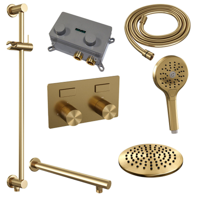 Brauer Gold Carving douche thermostatique à effet pluie avec bouton poussoir 67 20cm pommeau de douche bras mural droit 3 positions douche à main flexible coulissant intégré pvd brossé doré