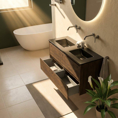 Saniclass Holz Pure Ensemble de meubles de salle de bains - 120x45x62cm - Vasque Vygo en céramique noire - 2 vasques - sans trous de robinetterie - 4 tiroirs - chêne charcoal mat (bois)